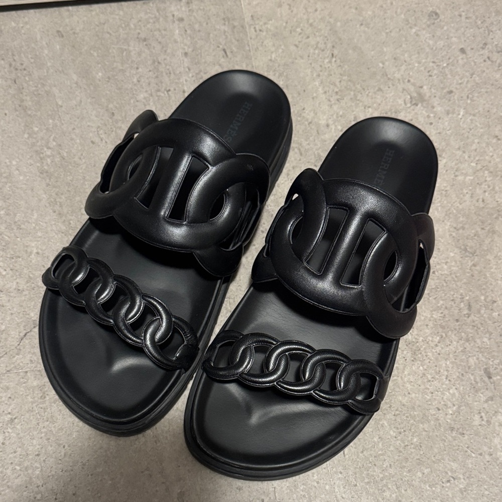 Hermes “extra” black leather sandals